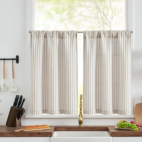 jinchan Striped Linen Kitchen Curtains 30 Inches Tier Curtains Farmhouse Modern Cafe Style Small Window Treatments Airy Light Filtering Rod Pocket for Living Room Bathroom 2 Panels Taupe Grey