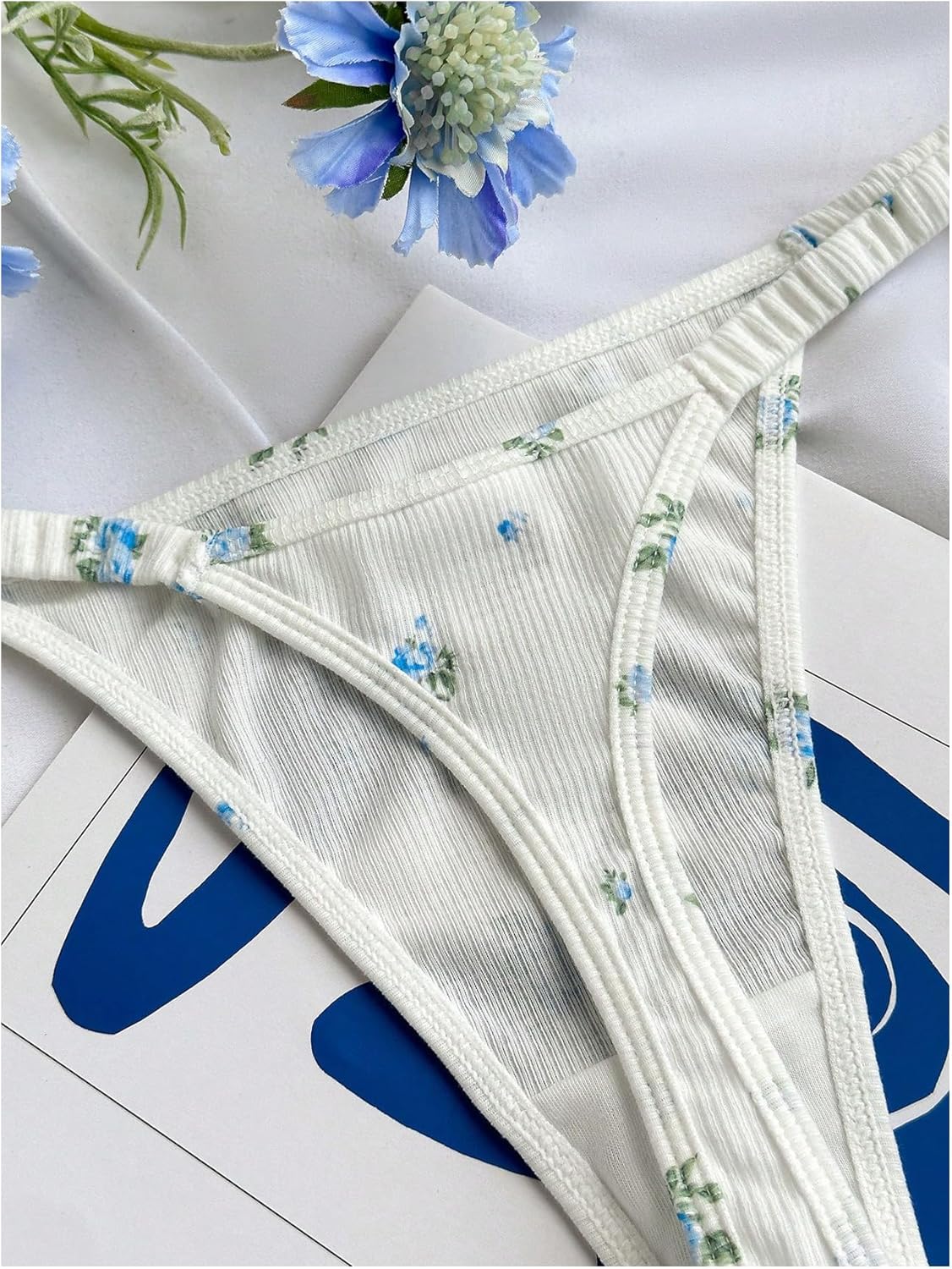 SHENHE Women's 5 Pack G String Thongs Floral Print Ribbed Knit Low Rise Panties Underwear - Image 5