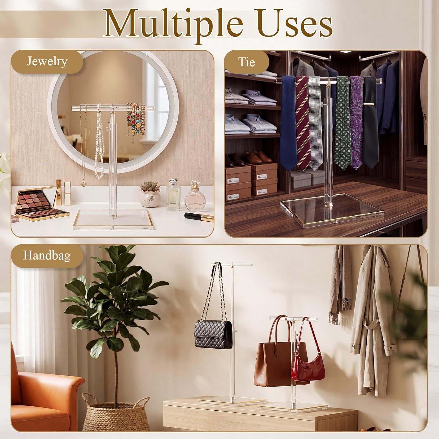 2 Pack Acrylic Purse Display Stands 14"-24" Height Adjustable Handbag Hanger Display Stand Holder Bag Jewelry Organizer Table Bag Hanging Rack for Closet Retail Vendor Commercial Store