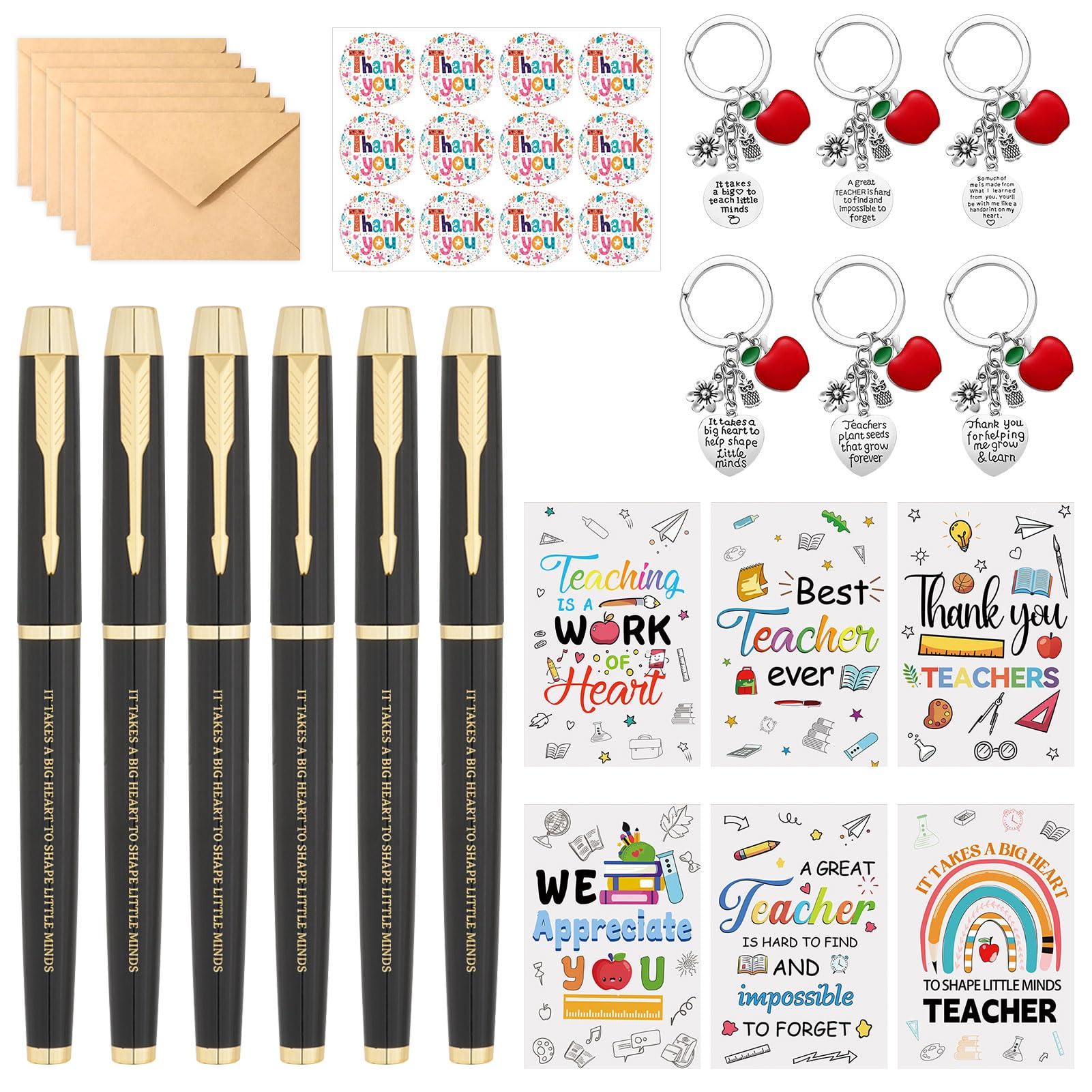 SERTAS Thank You Teacher Gifts Set,6 Pack Teacher Cards with Envelopes,Black Gold Pens,Keychains and Thank You Stickers for Graduation End of Term School Events (B)