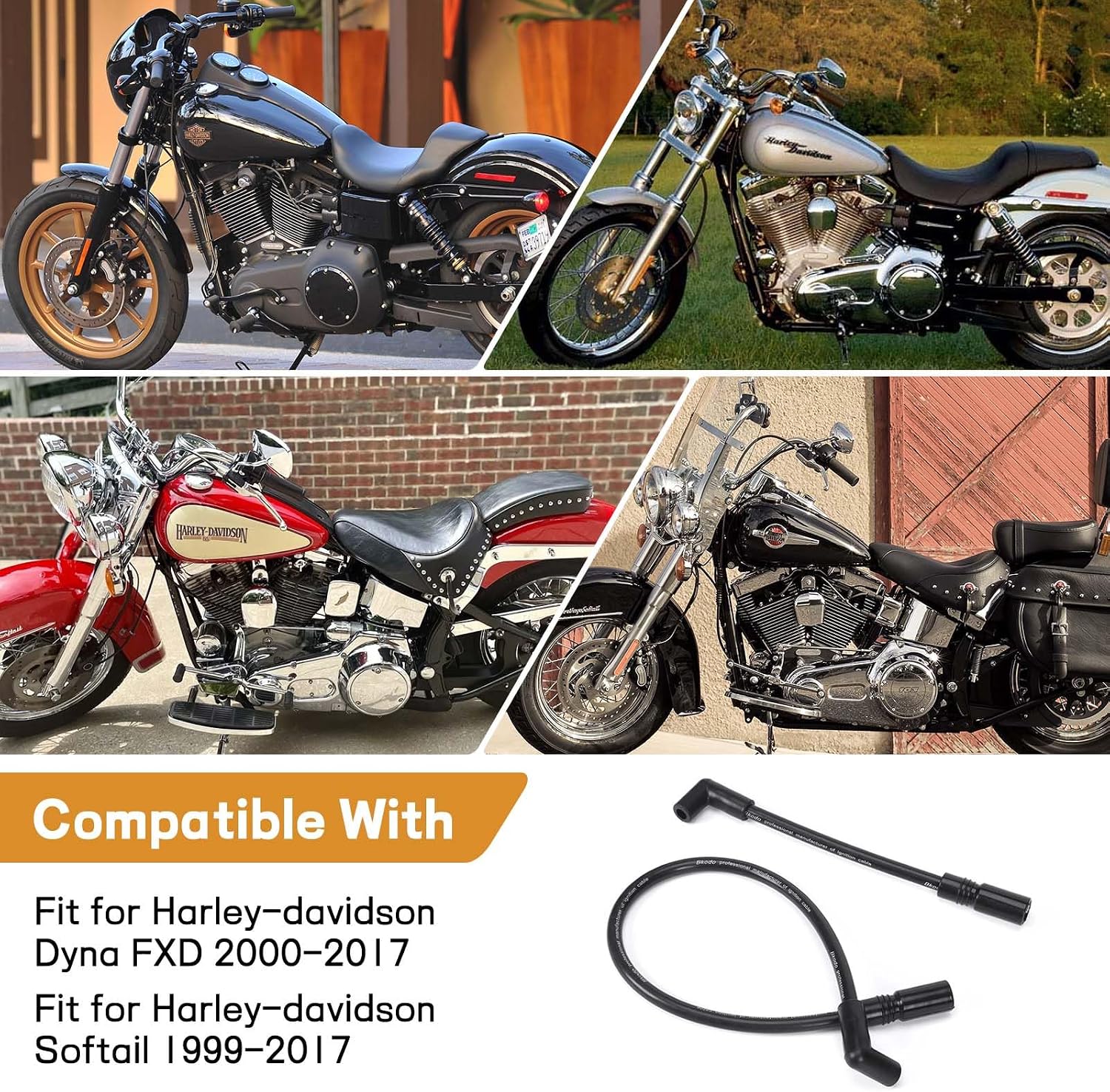 10.4mm Spark Plug Wires Ignition Coil Wires Compatible with Harley-Davidson Big Twin Dyna Super Glide/Wide Glide/Low Rider 2000-2017 & Softail Springer/Slim/Deluxe/Deuce 1999-2017 (Black)