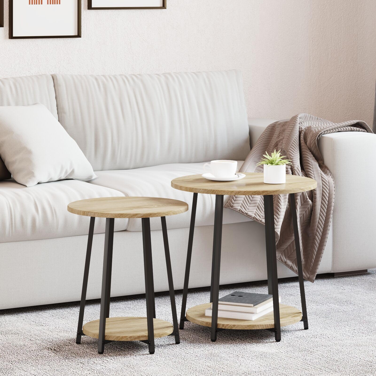 SXZenSpace 869703 Side Table Set - 2 Pieces in Sonoma Oak with Metal Modern Wood Nightstand End for Home Bedroom Living Room Easy Assembly Hallway Coffee