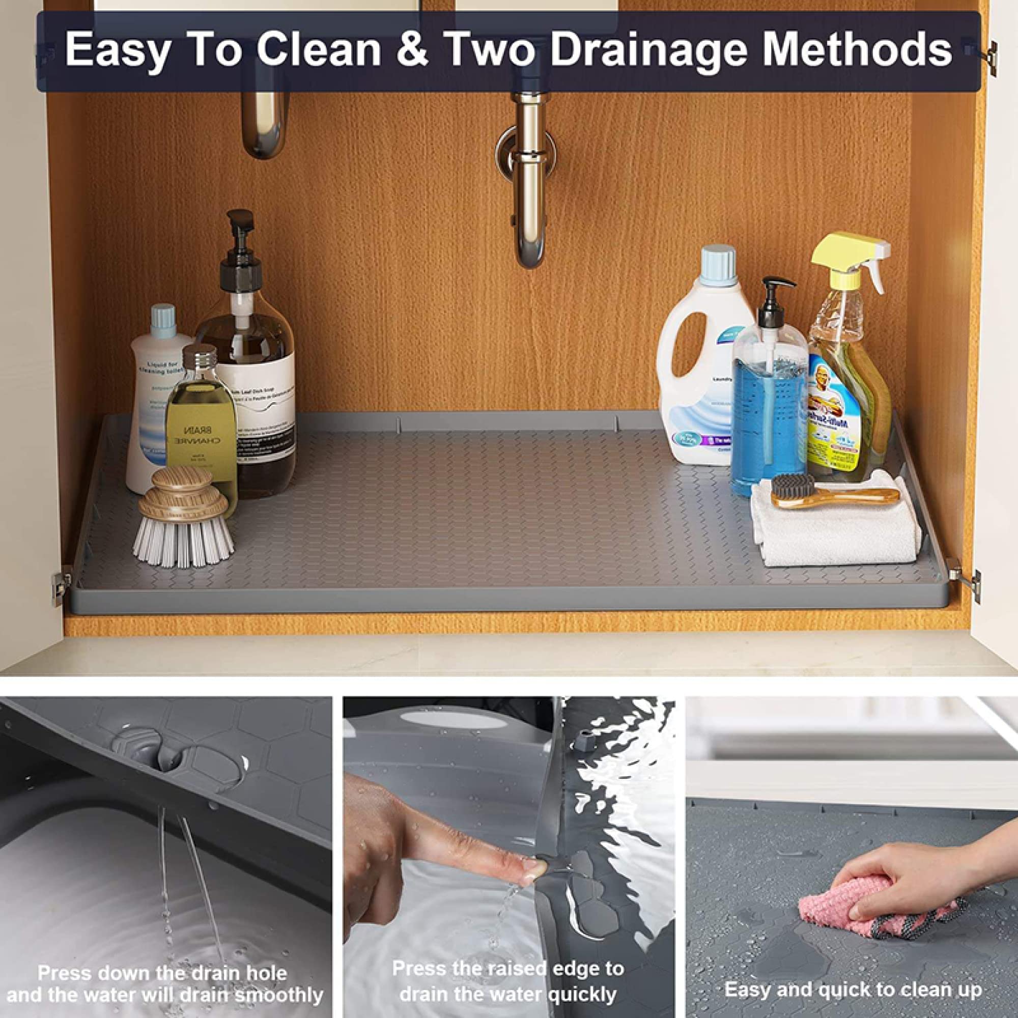 Tappetino in silicone sotto lavello - Tappetino per lavello, organizer per lavello, 34" x 22" Tappetini drenanti - Tappetino per armadietto grande per cucina, bagno/Grey
