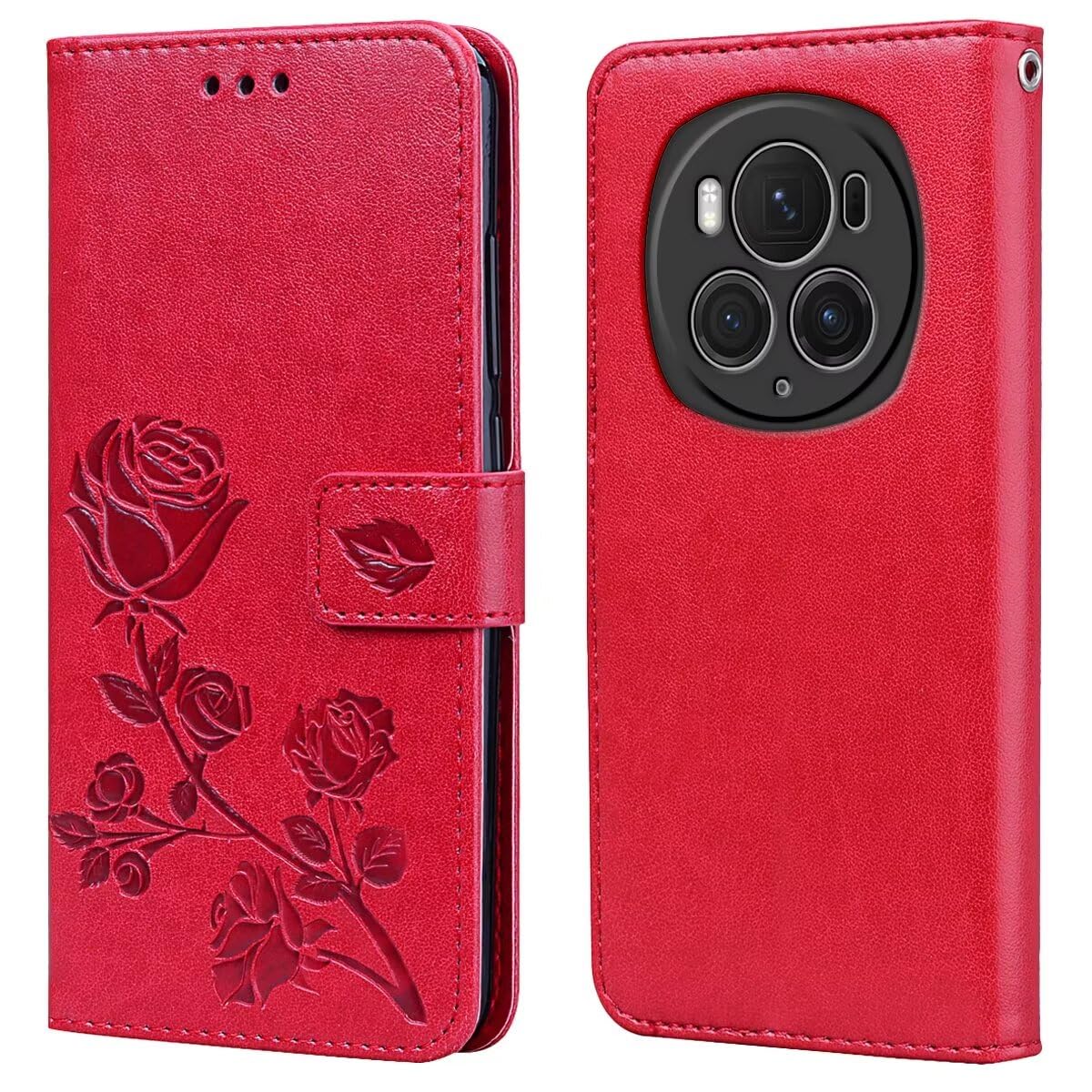 RankOne Custodia Portafoglio in Pelle per HONOR 90 5G (6.7 Inches), con Porta Carte Motivo Rosa Design Cover Folio Flip Case - Oro Rosa