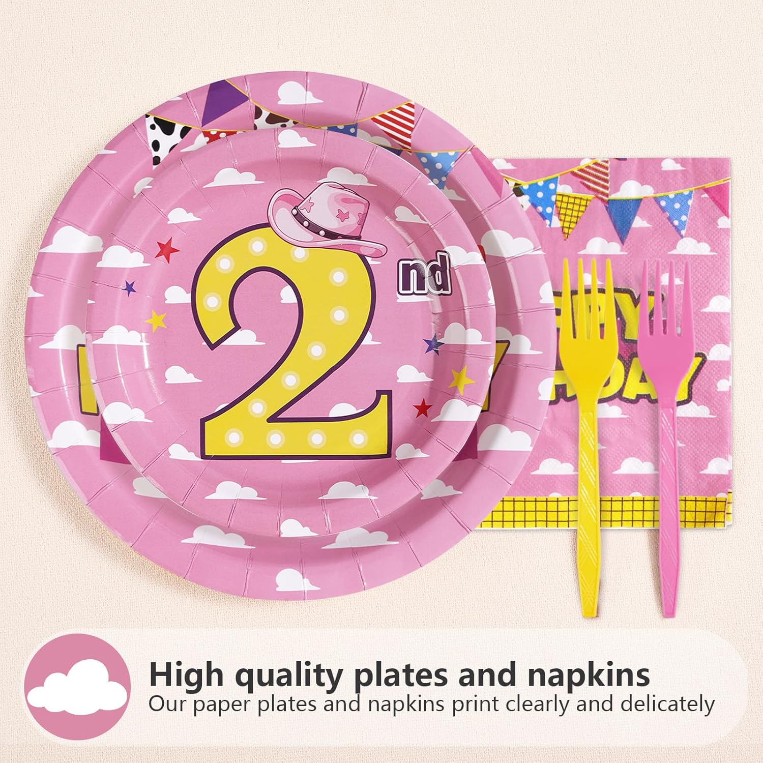 96Pcs Toy Cartoon Story 2nd Birthday Party Decorations for Girl Two Infinity and Beyond Plates and Napkins Pink Sky White Cloud Hat Tableware Set for Girls Second Themed Party supplies, Serves 24