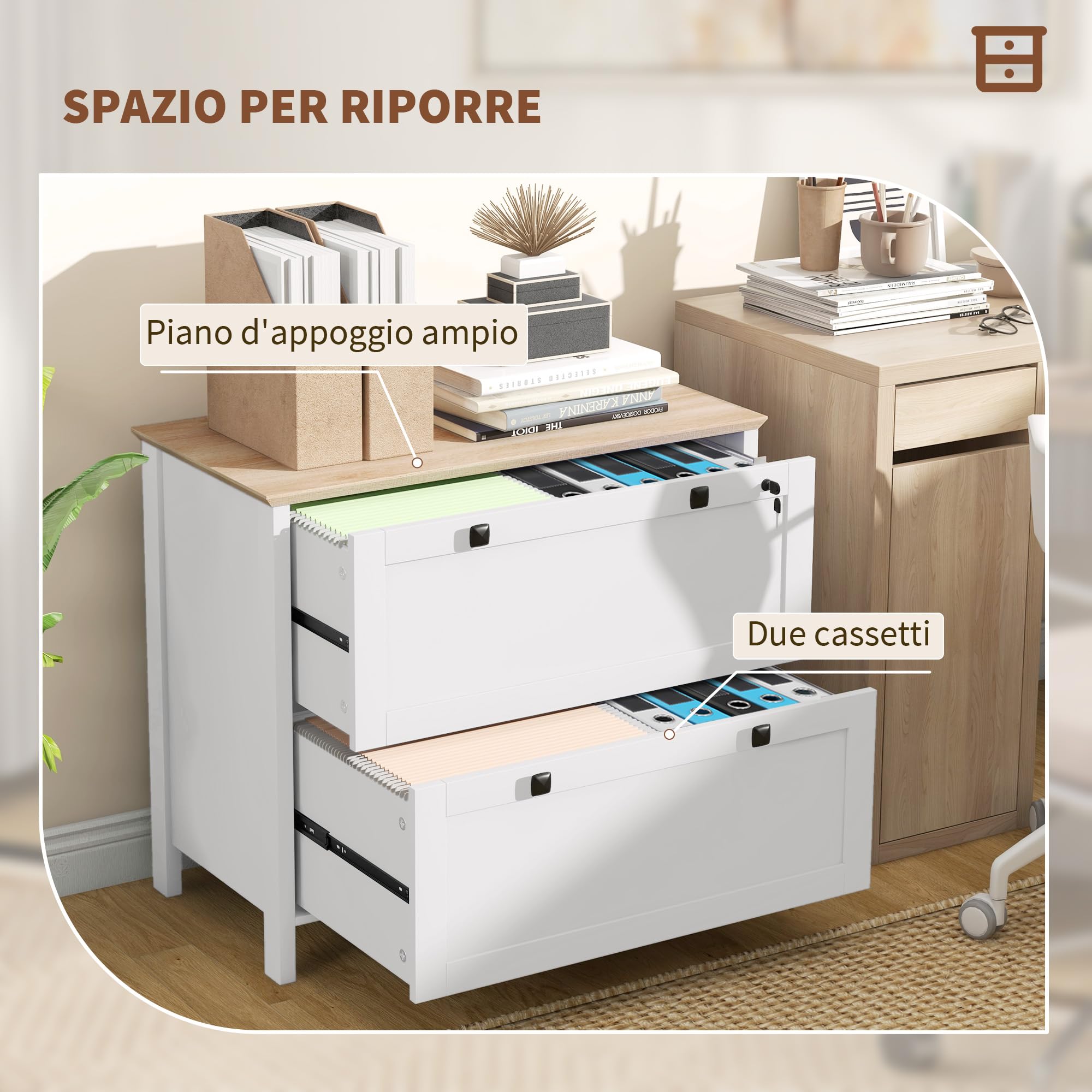 HOMCOM Armadietto Portadocumenti con 2 Cassetti, Serratura e Chiavi, Mobile Schedario da Ufficio per Cartelle A4, 76x40x76 cm, Bianco