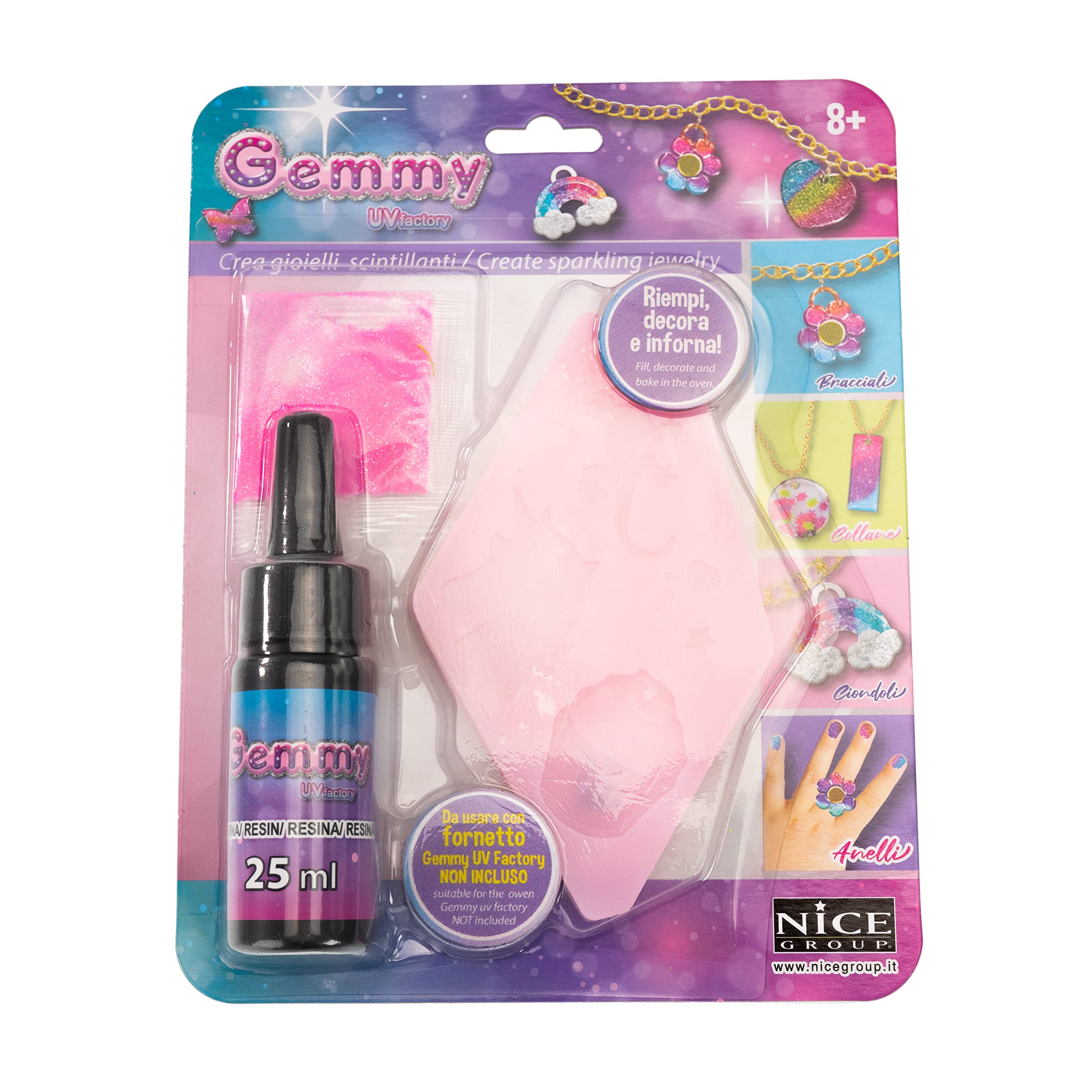 Girabrilla - Gemmy UV Factory, Refill Kit to Create Personalized and Multicolored Jewelry, with Gel, Glitter, Silicone Tray - Nice Group