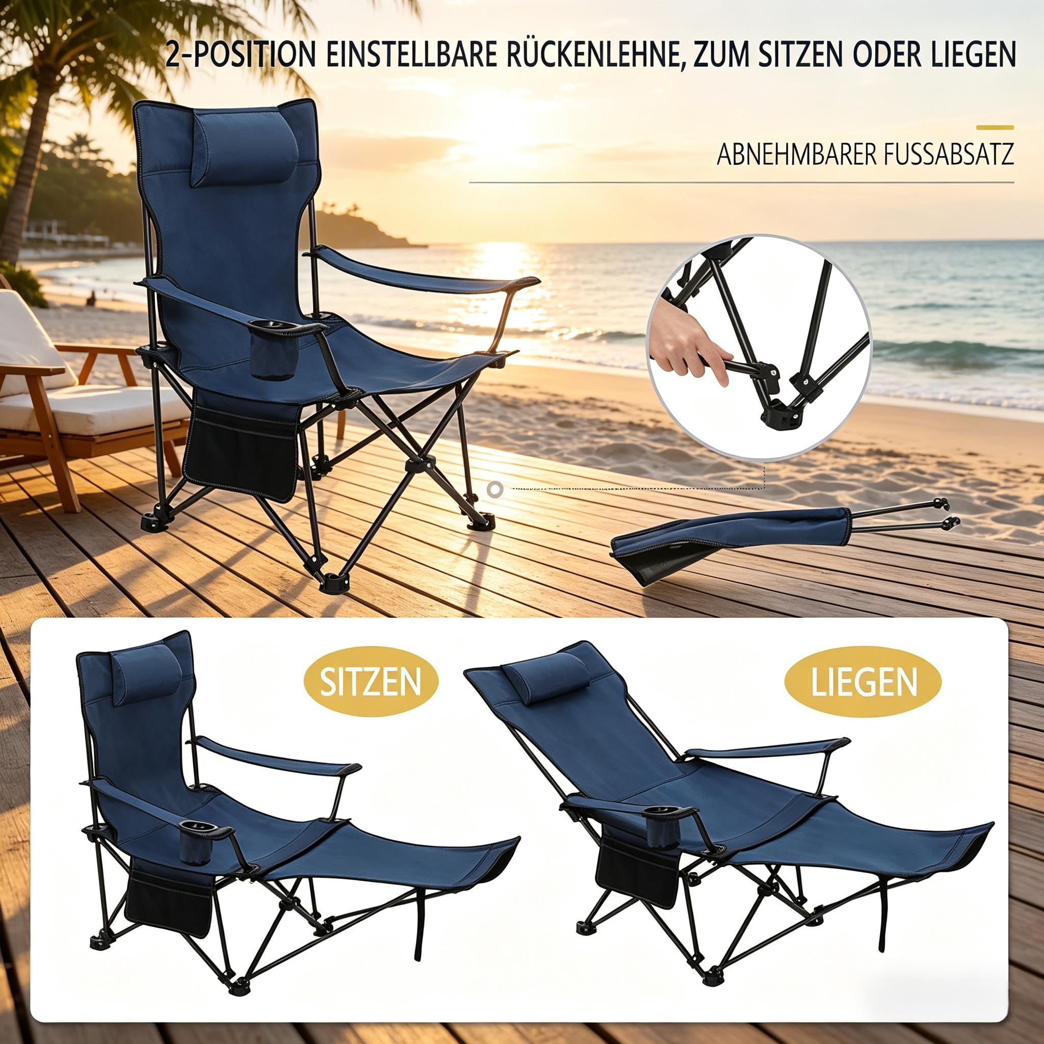 Ergonomiczne krzesło kempingowe z funkcją leżenia – regulowane krzesło składane na plażę, do ogrodu i wędkowania, wysuwany podnóżek i uchwyt na napoje, stabilne do 150 kg, w zestawie torba
