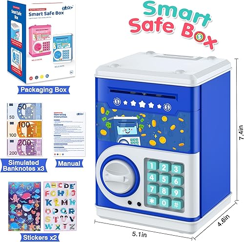 Miniatura 2 de PhilaeEC - Alcancía azul oscuro para niños con bloqueo de código de contraseña y ranura para billetes de agarre automático, caja de ahorro de dinero