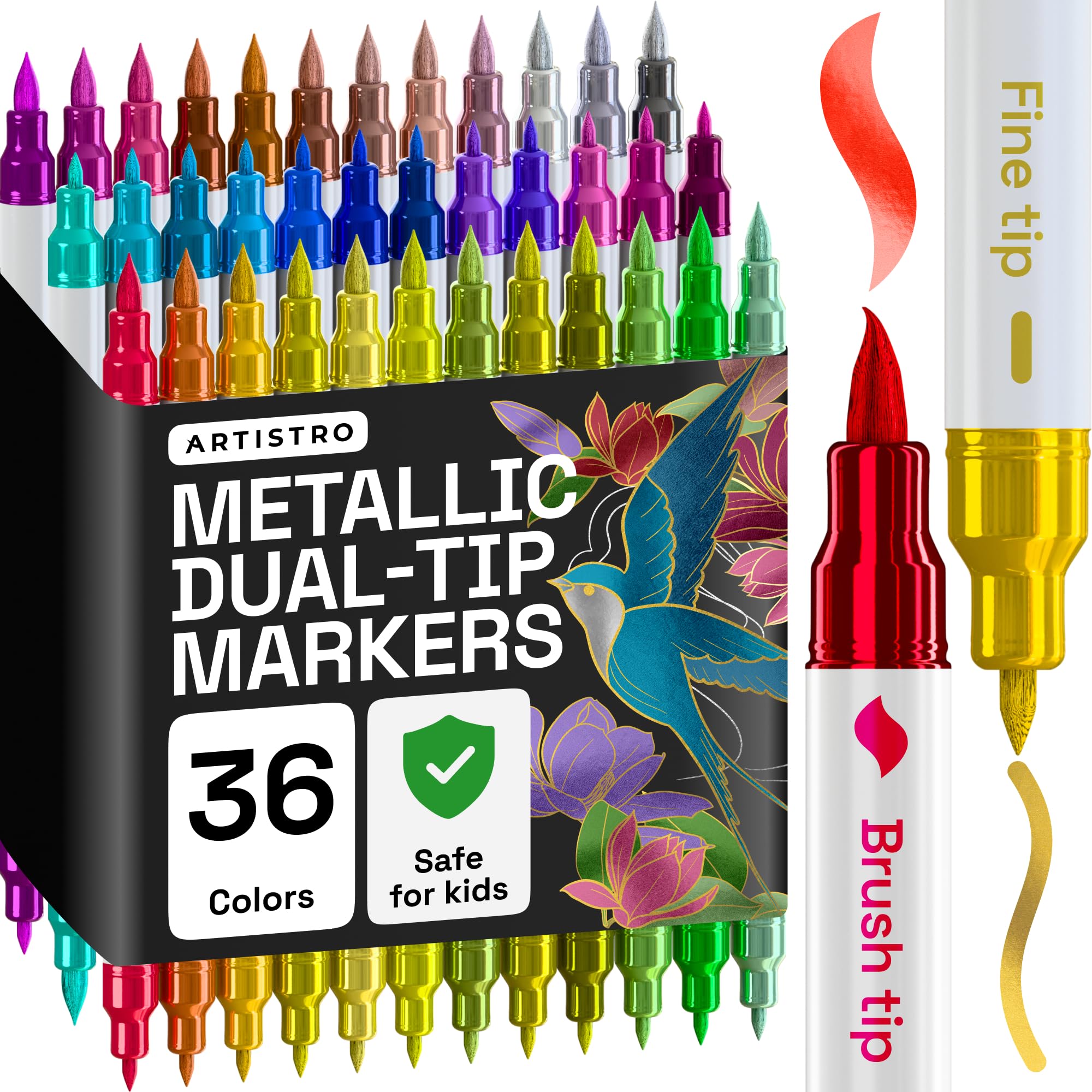 ARTISTRO 36 Metallic Dual-Tip Acrylic Paint Markers for Rock, Canvas, Glass, Wood, & More Fine + Brush Tips