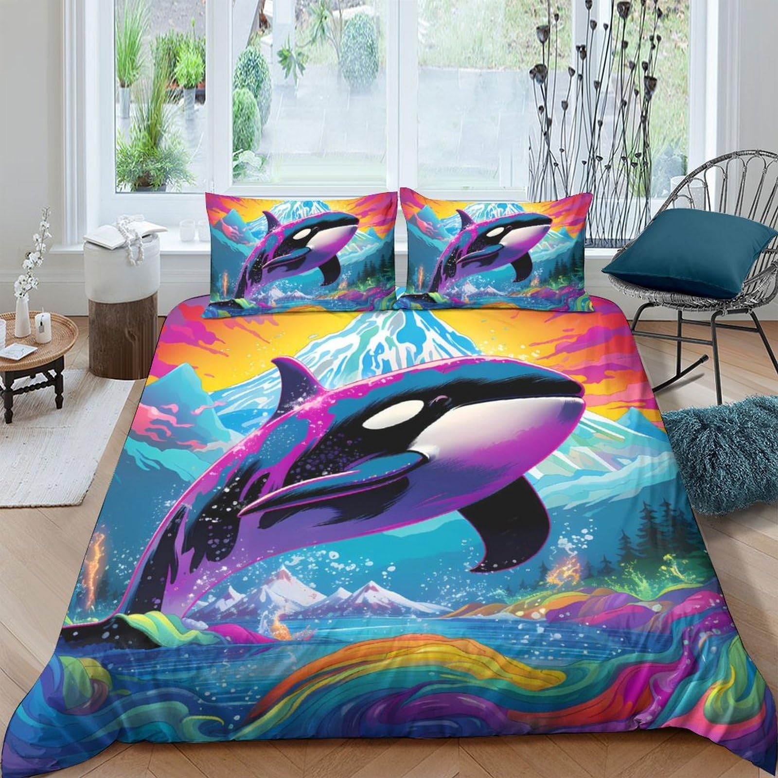 Ctjqhvkz Style-10 3D Printed Vibrant Orca Fitted Sheet Microfiber Soft Mattress Cover Rainbow Ocean Decor For Bedroom Dorm Guest Room Single（135X200cm）