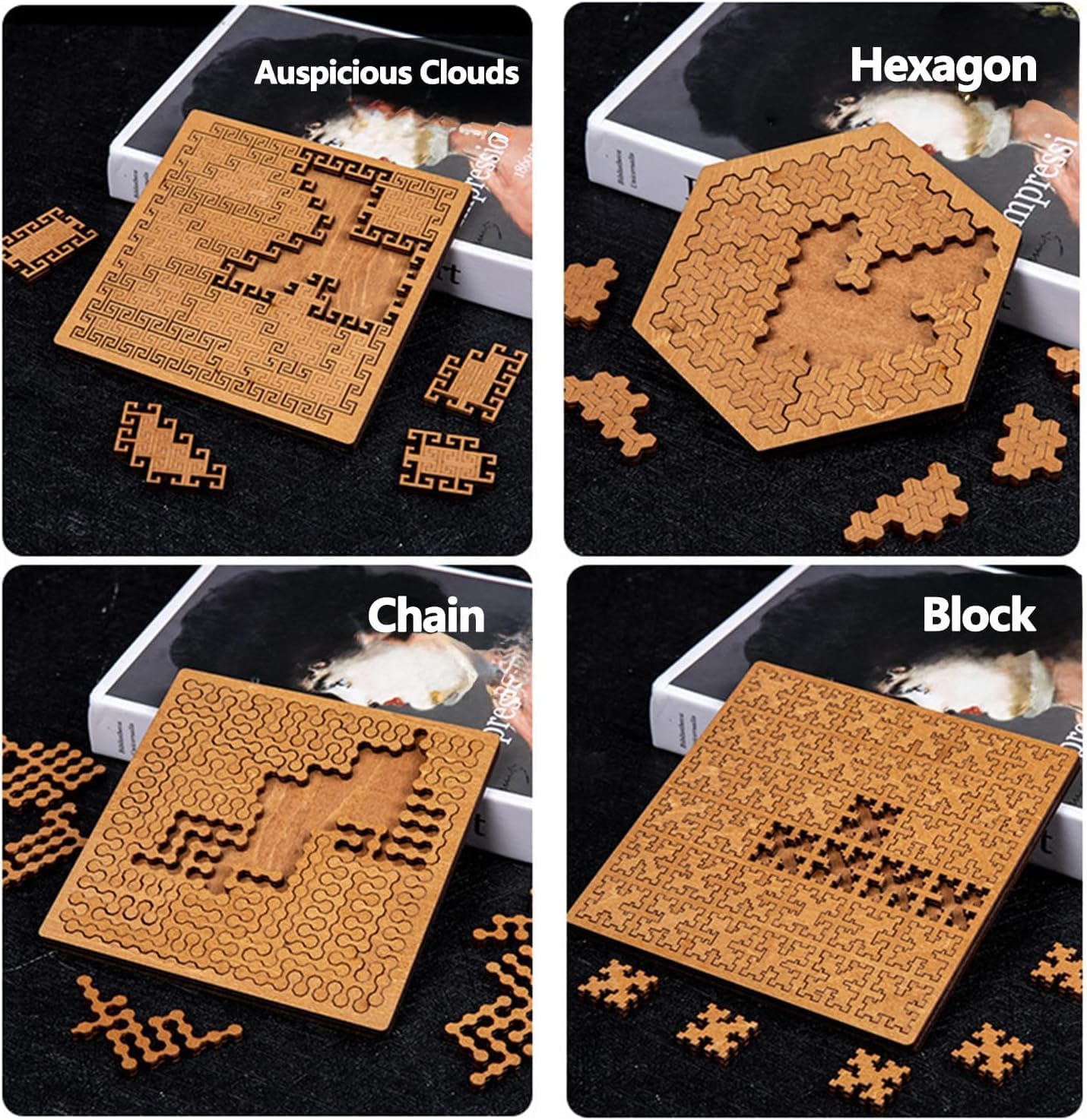Fractal Tray Puzzles, Upgraded Mind Bending Wooden Jigsaw Puzzle, Portable Difficult Hard Puzzles Board for Adults, Brain Games for Family Party Gift, Irregular Shape & Challenging Design (4PCS)