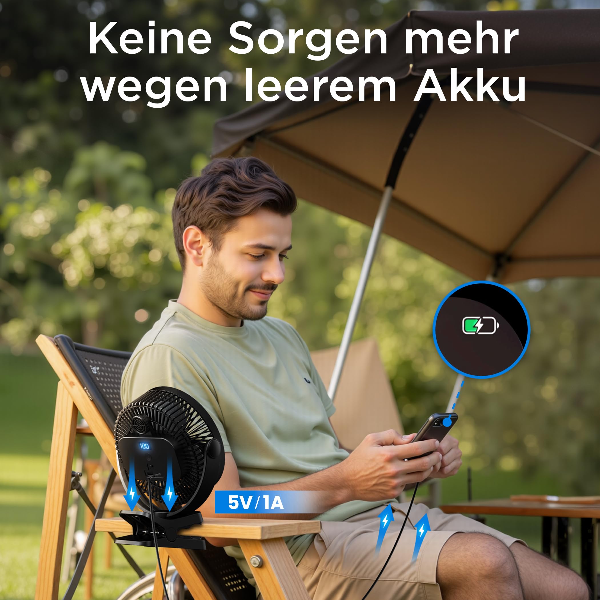 EasyAcc 10000mAh Clip Ventilator mit 37 Stunden Laufzeit - 20cm Camping mit Powerbank, 5 Geschwindigkeiten, LED Anzeige, 360° Haken für Camping, Growbox, Kinderwagen