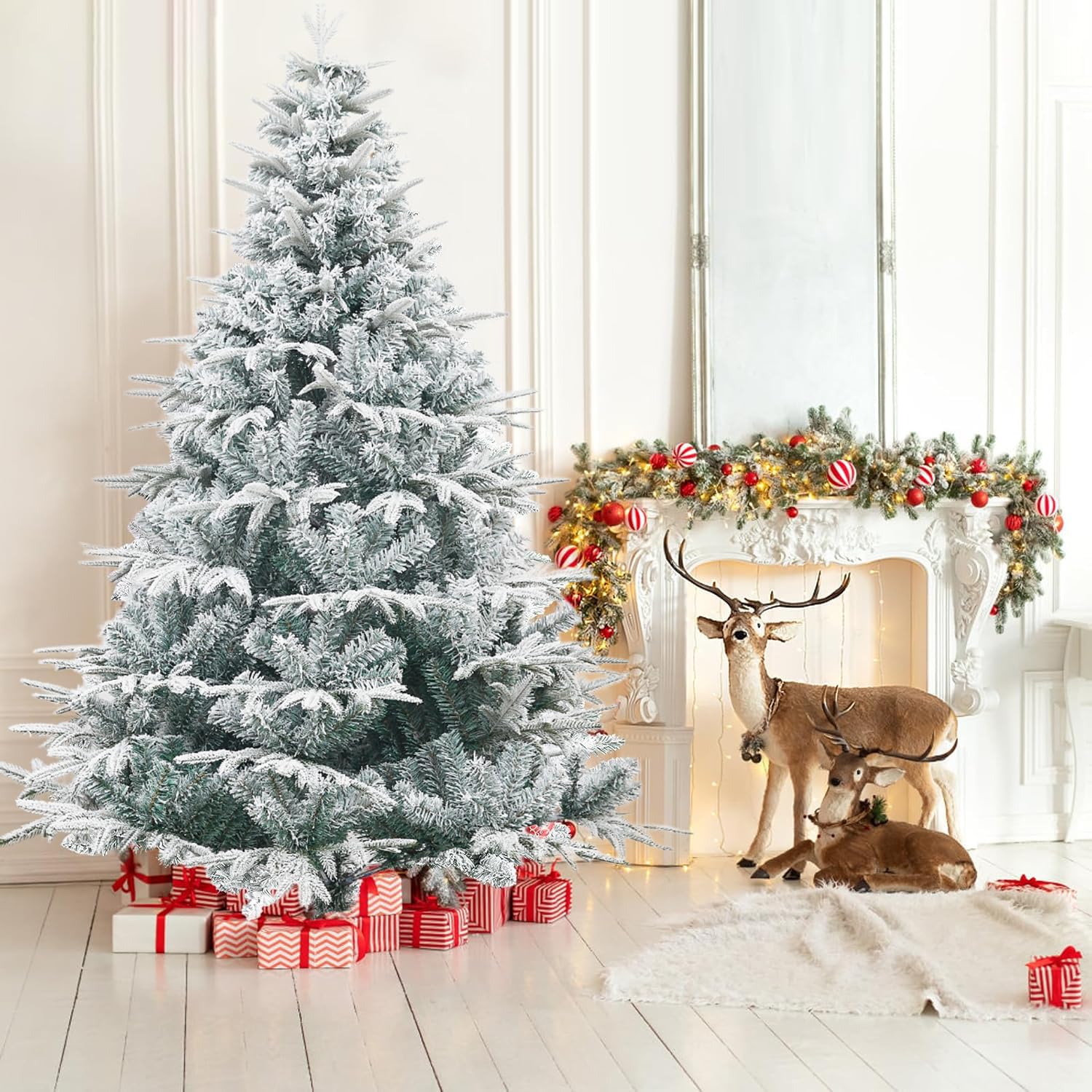 7FT árbol de Navidad Artificial Nieve Apilado árbol de Pino, 1080 Puntas de Rama Bisagra PVC/PE Materiales Combinados árbol de Navidad con Base de Metal, Interior Exterior Décor de Vacaciones
