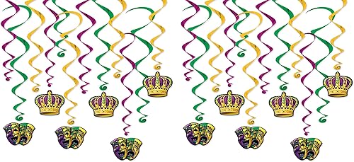 Miniatura 3 de Beistle 5 piezas de espirales colgantes de Mardi Gras con comedia y tragedia iconos de máscara de Nueva Orleans