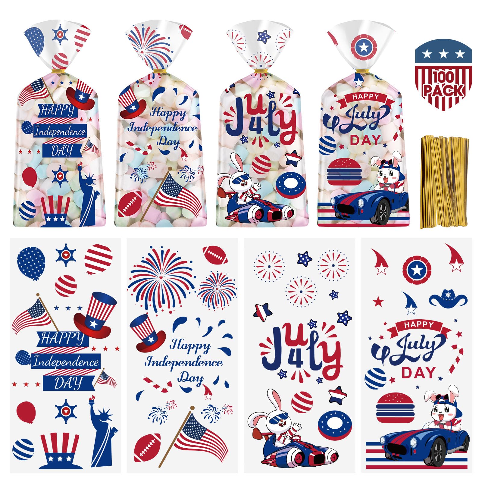 Litmitfu 100 Pcs 4th of July Treat Bags - Happy Patriotic Day Plastic Cellophane Bag, Clear Fourth of July Gift Goodie Candy Favor Bags with Gold