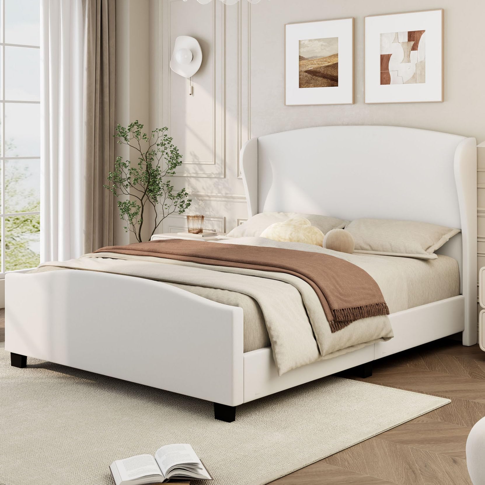 Majnesvon Luxuy King Bed Frame with 51.2" Tall Headboard, Line Upholstered Wingback Bed Frame for Bedroom,Wooden Slats,No Squeak, No Box Spring Needed