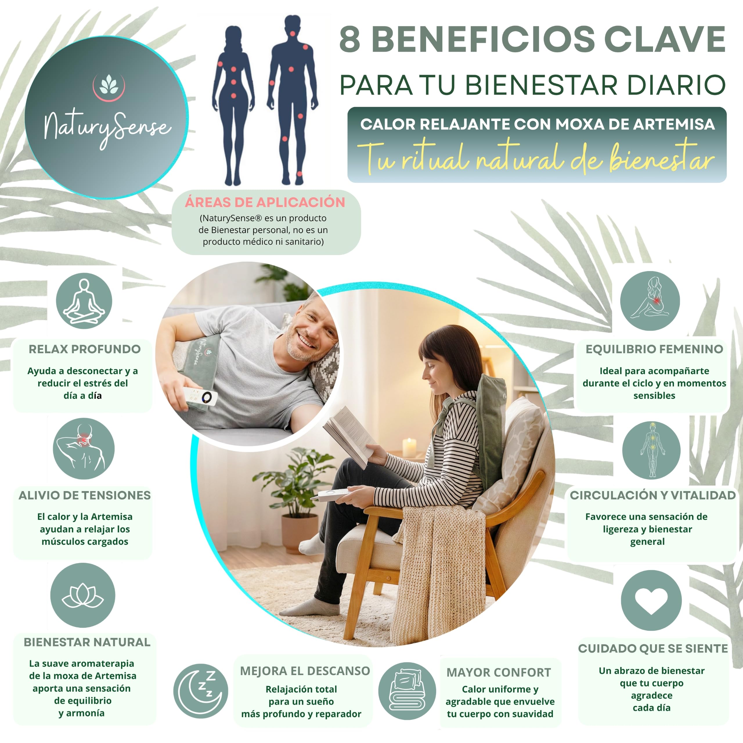 Almohadilla Eléctrica Premium con moxa de Artemisa. Multizona | 42 x 42 cm, 6 niveles de calor,temporizador 30/60/90 min, algodón orgánico,4 bandas de sujeción,lumbar,espalda,cuello,abdomen