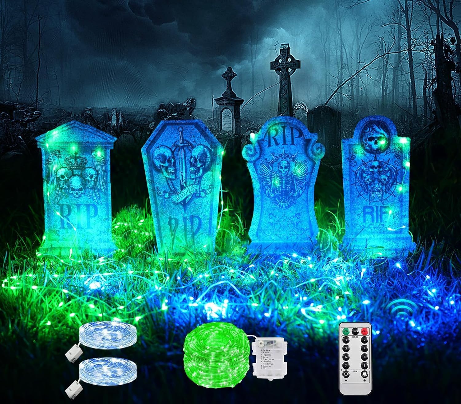 Maxee 4 Pcs 16.2" Halloween Tombstones Decoration with 1 Green Remote Lights(8 Light Modes), 2 Blue Lights(3 Modes), Plastic RIP Grave Yard Signs with 8 Stakes for Grave, Outdoor Garden, Party Decor 1 Blue+Green (Remote Control)