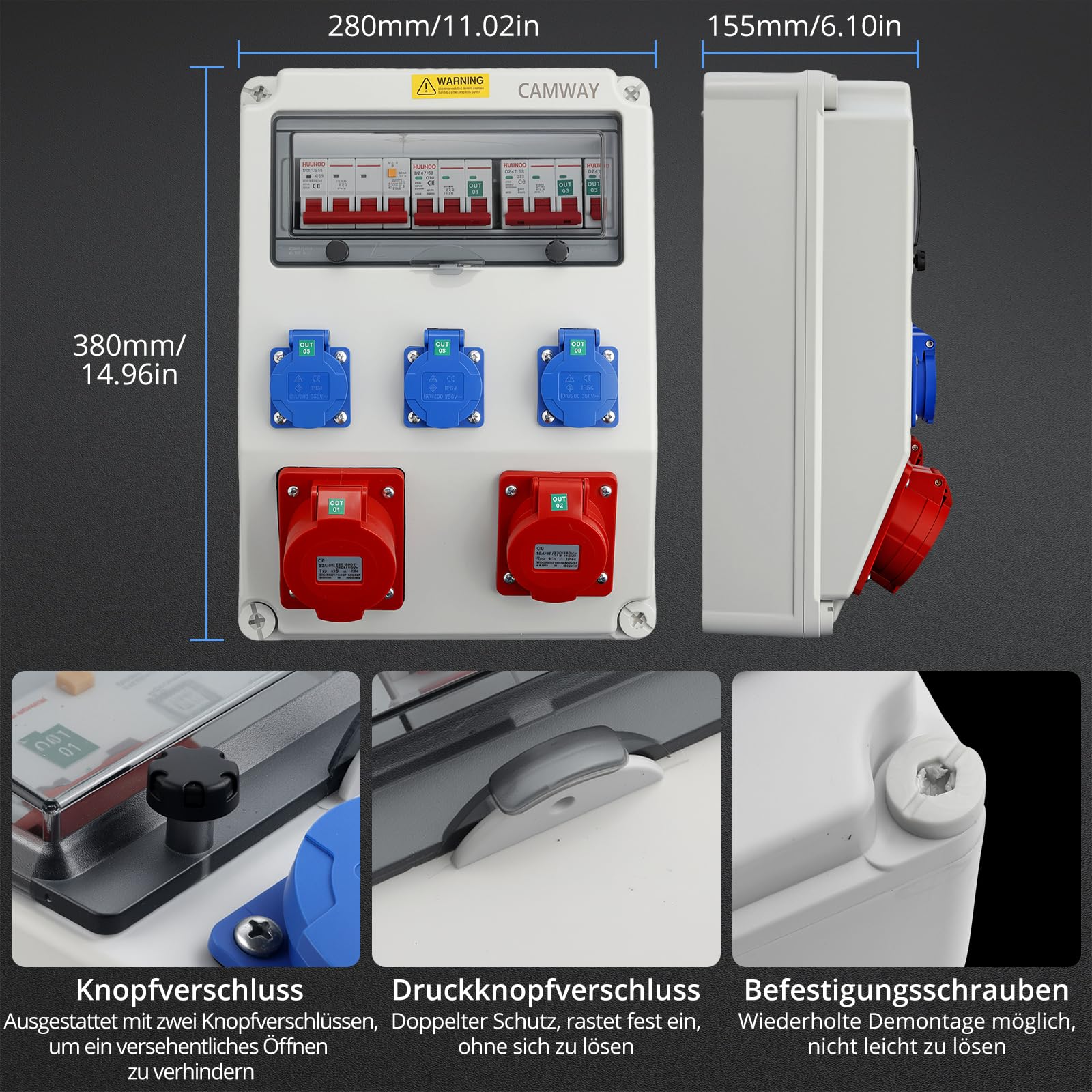 CAMWAY Baustromverteiler, Stromverteiler mit LS+FI, 3x 230V Schuko, 1x 16A/32A CEE- Steckdosen Professionelle Verdrahtung, IP66 Wasserdicht, Robuste ABS Verteiler für Innen & Außen Baustellen Garagen