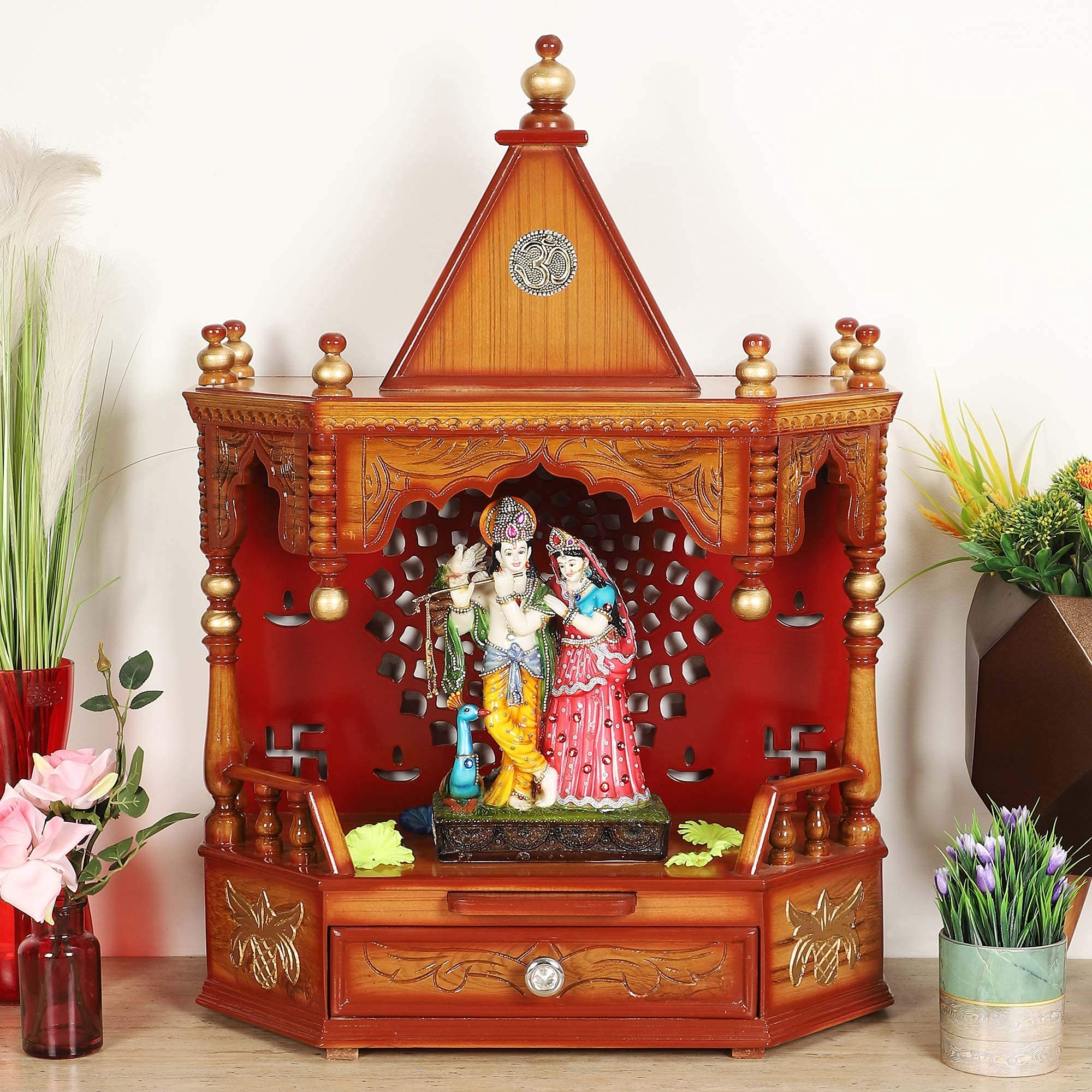 Buy DZYN Furnitures Aikyam Solid Teak Wood Pooja Mandir Without Door