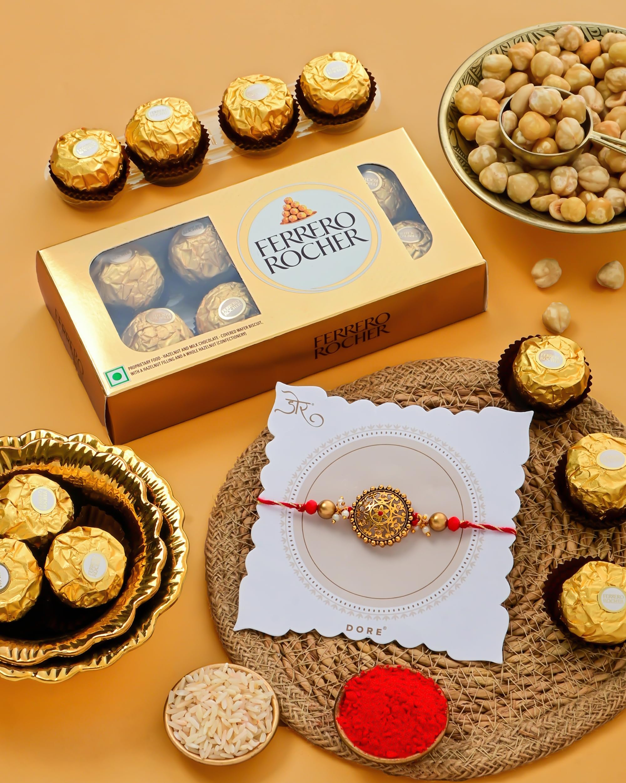 HyperFoods® Rakhi with Chocolate Gift Hamper Rocher Chocolate Pack of 8 Rakhi for Brother Raksha Bandhan Gift Box with Roli Chawal