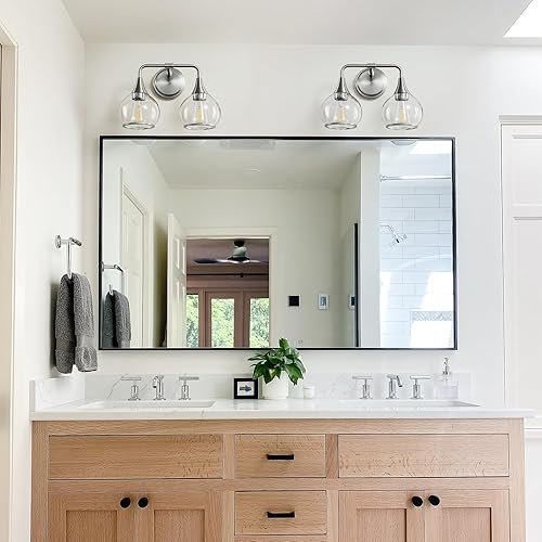 Miniatura 4 de Lámpara de tocador de baño de níquel cepillado, 2 luces, accesorios de iluminación de baño sobre espejo con pantalla de vidrio transparente de 14