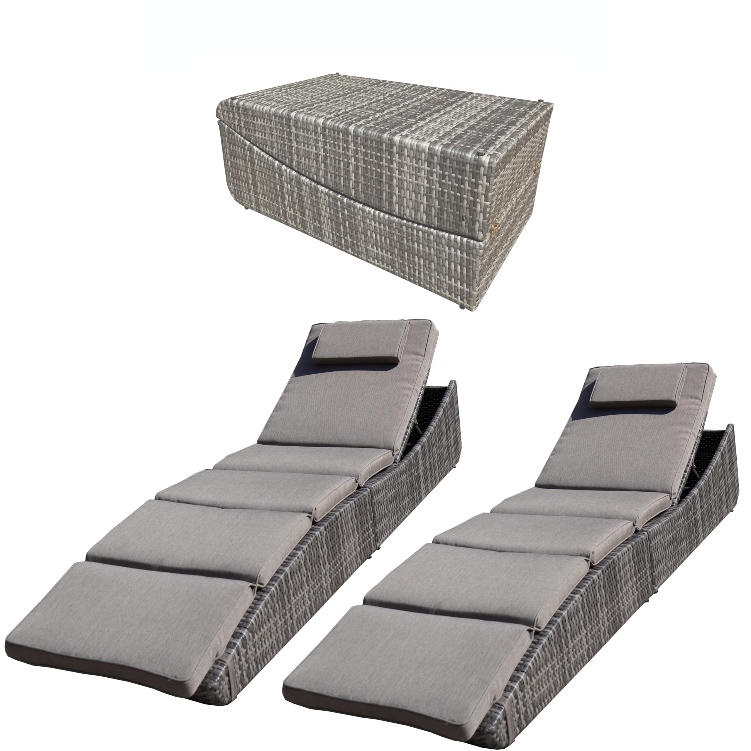 BTEXPERT Foldable Outdoor Chaise Pool Lounge Chair Folding Wicker Rattan Sun Bed Patio Couch Reclining Lounger Adjustable Padded Backrest Pillow Assembled, Brown - Two Piece