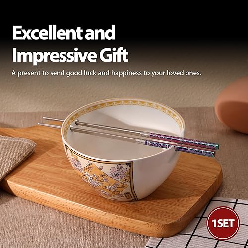 Miniatura 4 de Hagary Cuenco de ramen de flor de cerezo con palillos, cuenco de cerámica de acero inoxidable, palillos de estilo japonés, cuencos de sopa de fideos