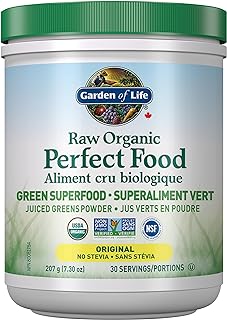 Garden of Life Raw Organic Perfect Food Green Superfood Original 207 gram."Raw Organic Perfect Food is packed with 40 nutrient-dense ingredients, including freshly harvested greens that are low-temperature dried to lock in nutrition, along with sprouts, fruits & veggies, plus enzymes for digestion." 3.5 g of Organic Farmed Greens per scoop plus fruits, vegetables, sprouts and seeds. Provides antioxidants, probiotics and enzymes to support digestion.