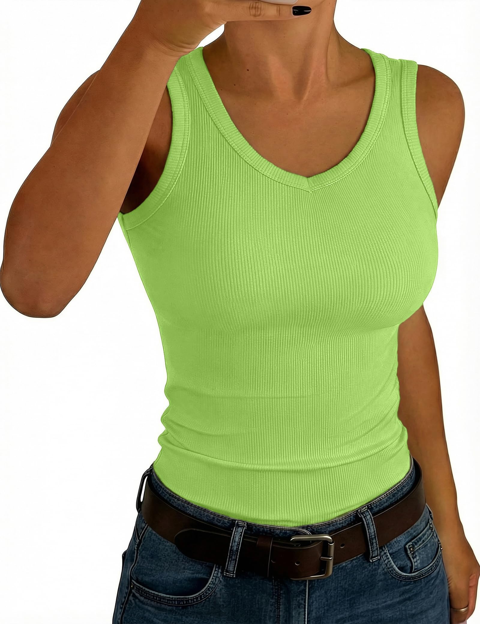 Aottori Tank Top Damen V-Ausschnitt Sommer Oberteile Ärmellos Gerippt Slim Fit Tanktops Sexy Stretch Basic Unterhemd Casual Einfarbig
