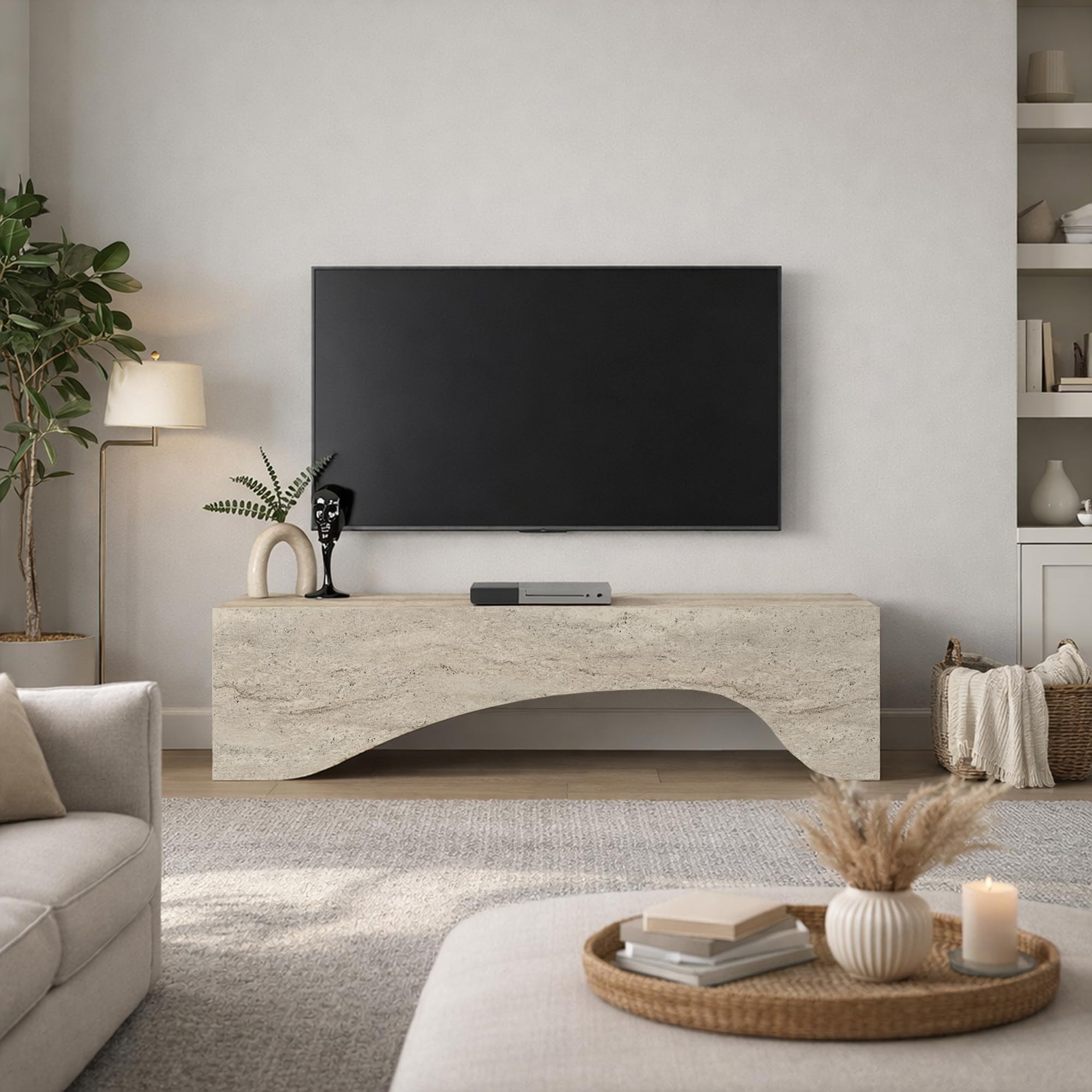 moebel17 TV Lowboard 150 cm Travertin-Optik – TV Schrank für Fernseher bis 65 Zoll – modernes TV Board & TV Ständer in Stein-Optik, Fernsehtisch Lowboard für Wohnzimmer, Beige, 150 x 40 x 31,4 cm