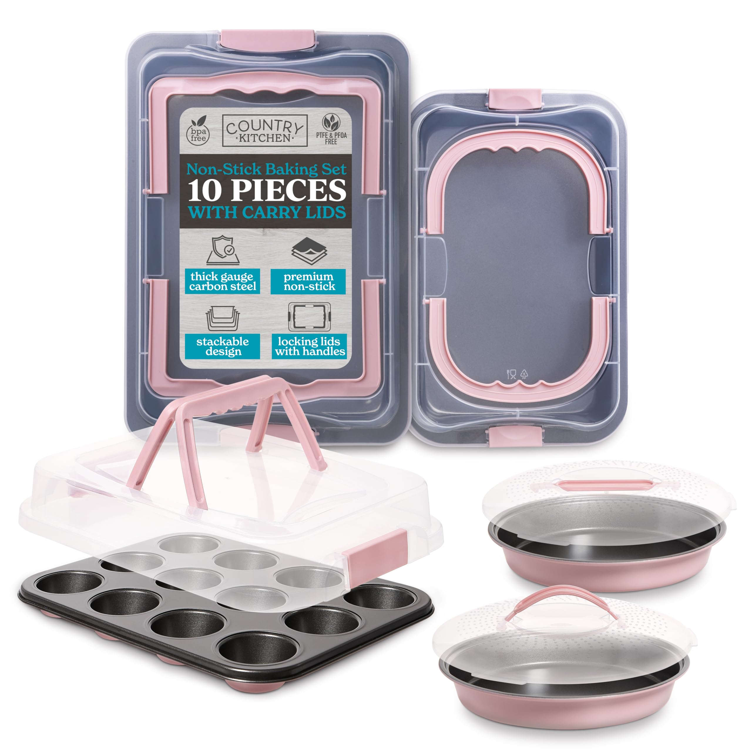 Country Kitchen Juego de 10 moldes antiadherentes para hornear con tapas de transporte para un fácil almacenamiento y viajes, perfectos para fiestas, apilables, color rosa