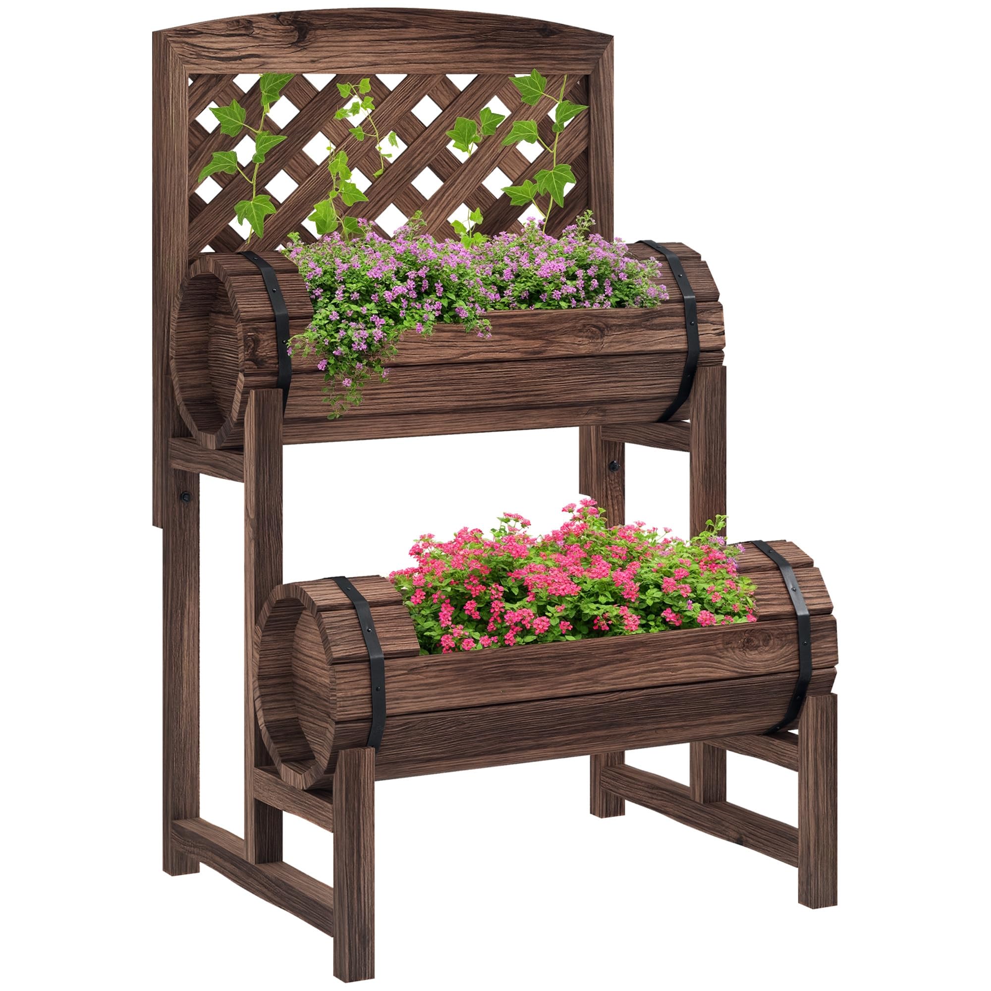 Outsunny - Jardinera sobre patas elevadas (42 x 49 x 80 cm), color marrón | con celosía cuadrada, 2 niveles, cama de jardín elevada, para terraza, balcón, jardín