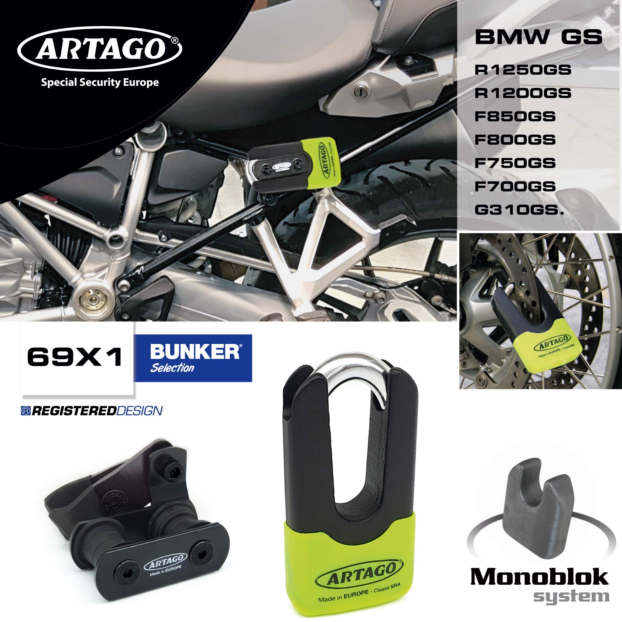Artago 69X1 Pack Lucchetto Antifurto Bloccadisco ad Alta Sicurezza + Supporto per BMW (R1250GS, R1200GS, F850GS, F800GS, F750GS, F700GS, G310GS, F900XR), Omologato SRA, Sold Secure Gold, ART4