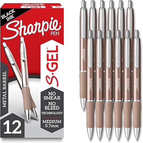 Sharpie S-Gel, bolígrafos de gel, barril de metal elegante, champán, punta media (1/32 pulgadas), tinta negra, 12 unidades Champán con tinta