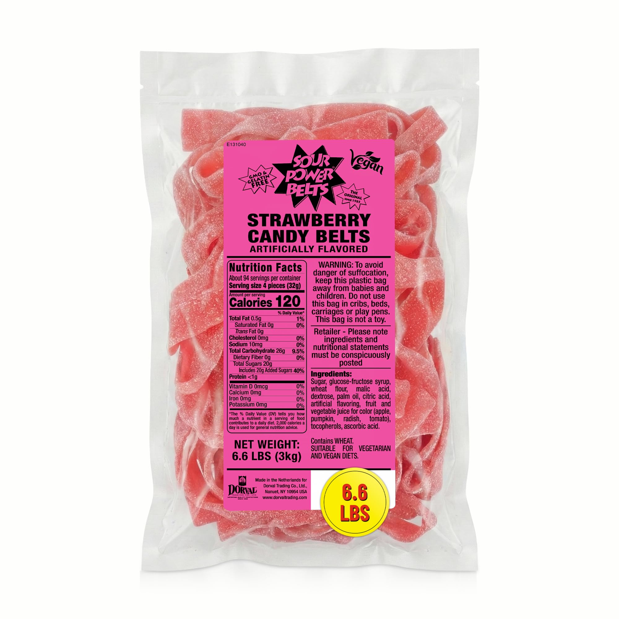 Premium Strawberry Candy Belts – The Original Sour Candy Since 1985 – 6.6 lb Bulk Bag – Vegan, Non-GMO, Gelatin Free – Soft, Chewy, Sweet & Tart Retro Treats