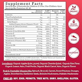 Llama Naturals Kids Multivitamin Gummies, Vegan, Organic with Vitamin D, C & K, Toddler Real Fruit Gummy Vitamins, Chewable Supplement, Whole Food Multivitamin, No Added Sugar Cane, Cherry, 2 Pk