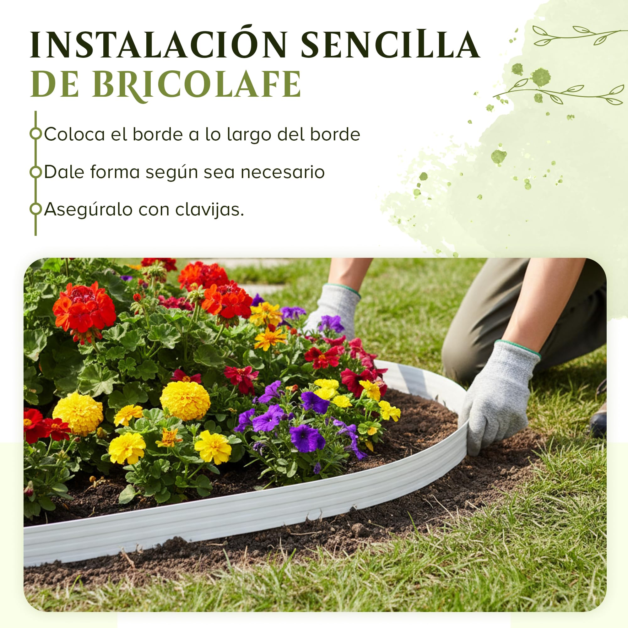 Borde Flexible para césped (10 m, 40 Anclajes de Tierra, 6 cm de Altura), plástico Blanco, Resistente a la Intemperie, Borde Redondo, bordillo Redondo para césped, remate de Corte