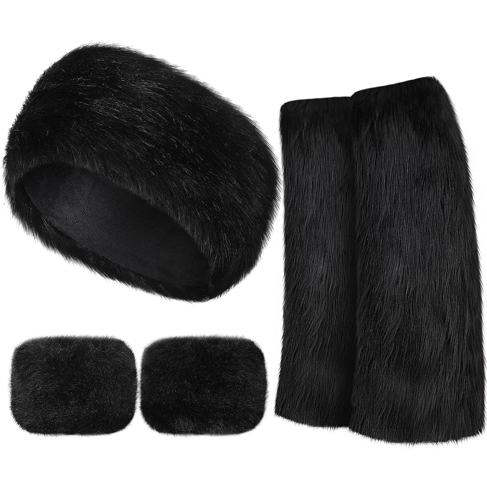 Photo 1 of ** MISSING ONE WRIST HEART **SATINIOR 3 Pieces Faux Fur Headband Set Ear Warmer Headwrap Furry Wrist Cuff Leg Warmers Boot Cuff Winter Accessories for Women Girls (Black)
