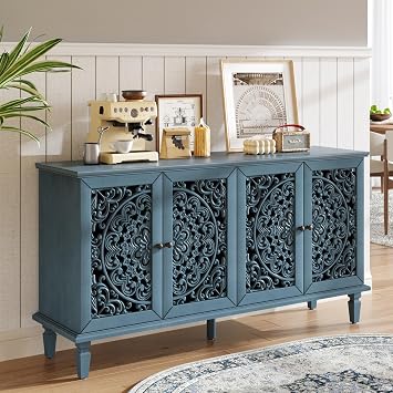 60" Mid Century Modern TV Stand with Hollow Carving Doors,Vintage Entertainment Center with Wood Legs,Up to 65" Media TV for Living Room or Bedroom, Antique Blue