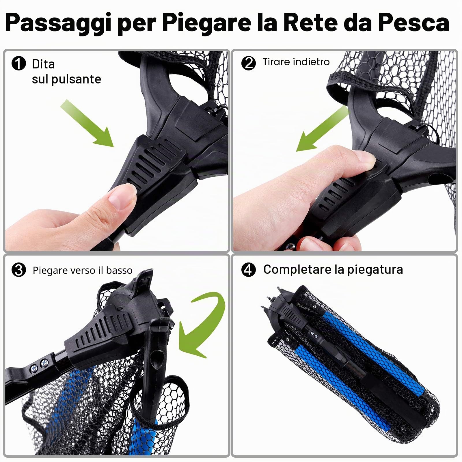 PLUSINNO - Retino da pesca per pesci, con manico telescopico pieghevole, rete in nylon resistente, cattura o rilascio sicuro dei pesci