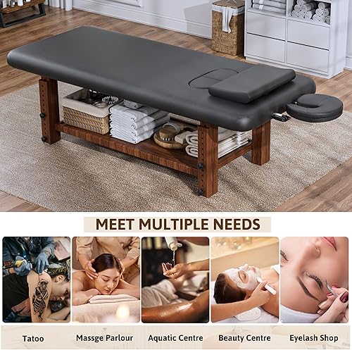 Vista 6 de Olela Mesa de masaje ajustable de madera, mesas de masaje estacionarias con patas de altura ajustable y almacenamiento, cama de esteticista