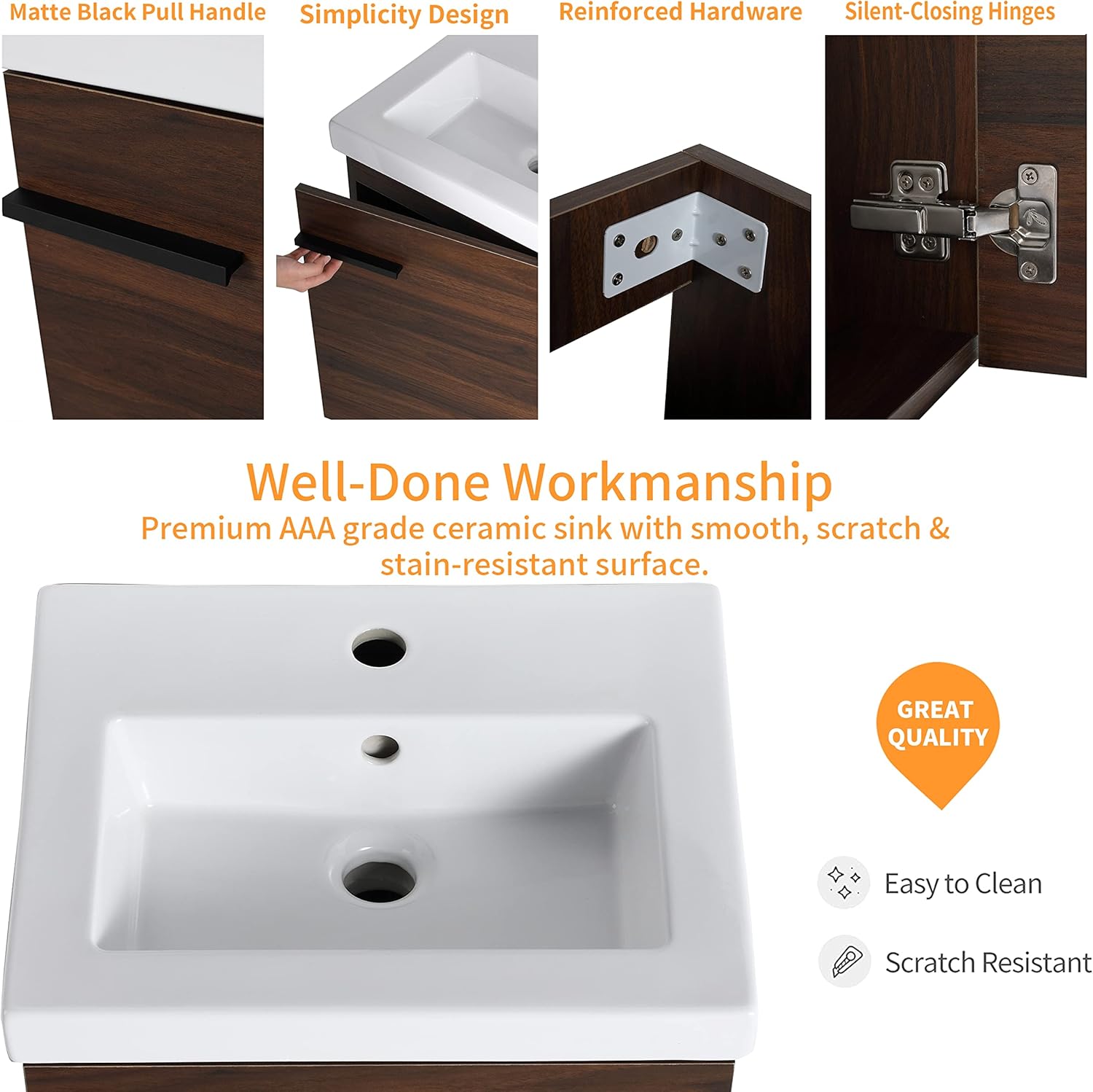18 Inch Bathroom Vanity with Sink,Wall Mounted Bathroom Vanity Sink Combo with Soft Close Door for Small Space,Modern Floating Bathroom Vanity with Top Basin &Brown Storage Cabinet