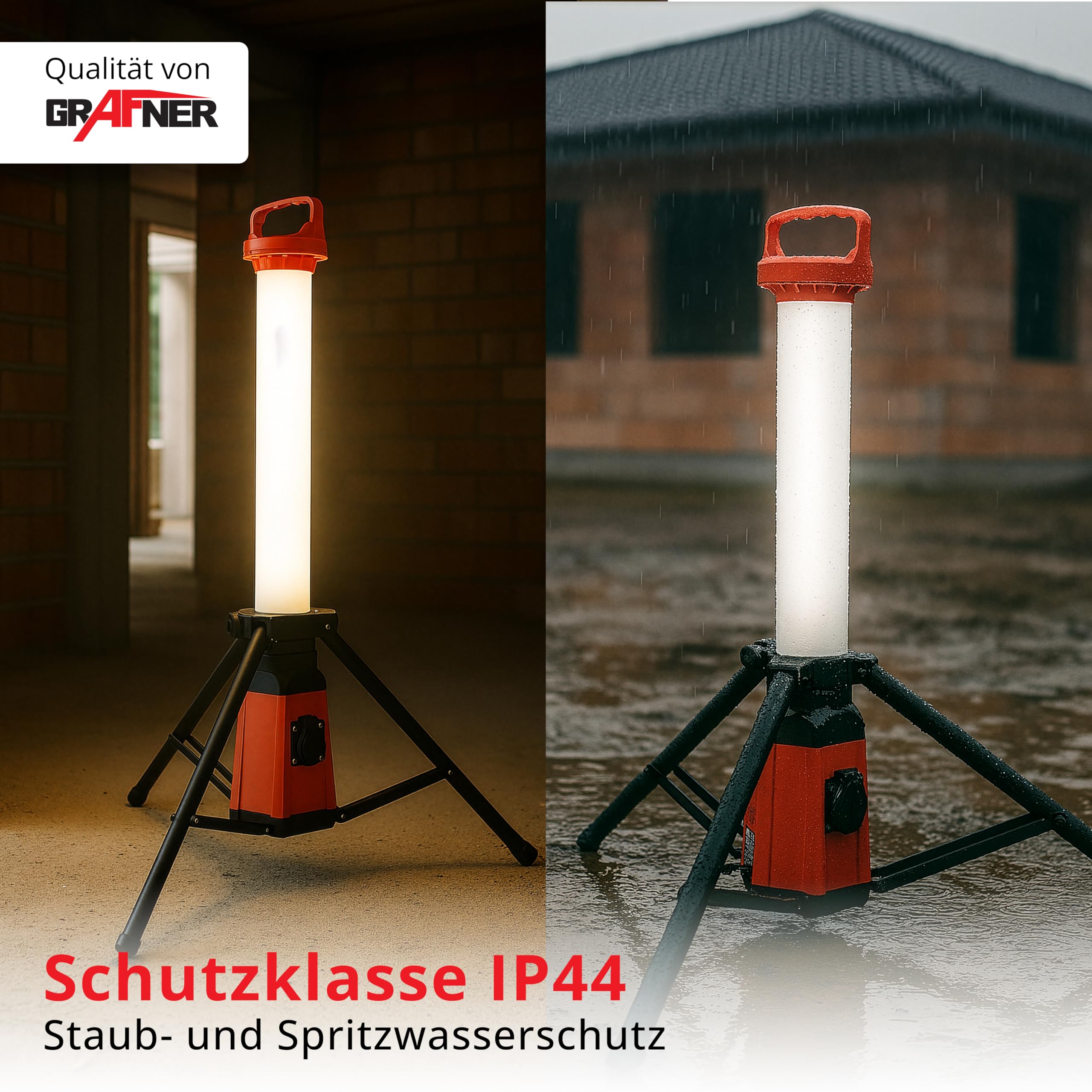 Grafner Profi LED Tower Baustrahler mit Steckdose und Stativ, 360° 3800 Lumen, 60 Watt, Höhe: 107 cm, IP44, 6500K Tageslichtweiß, Arbeitsleuchte Baustellenstrahler 360 Grad rundum Arbeitslampe Turm