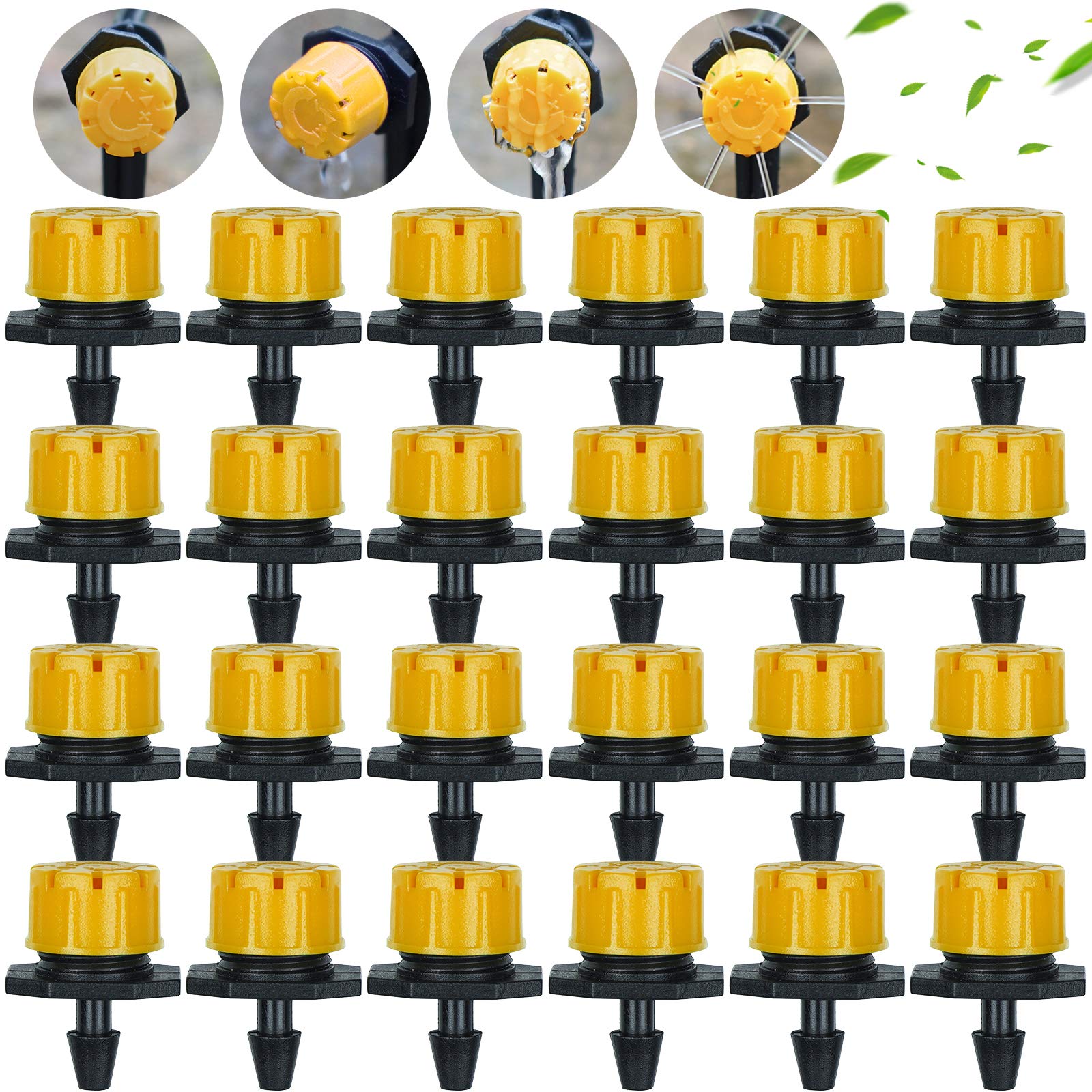 Kalolary100Pcs 1/4Inch Irrigation Drippers Sprinklers, Adjustable Emitter Drippers Micro Drip Irrigation System Watering Sprinklers Anti-clogging Emitter Dripper Garden Supplies (Yellow)