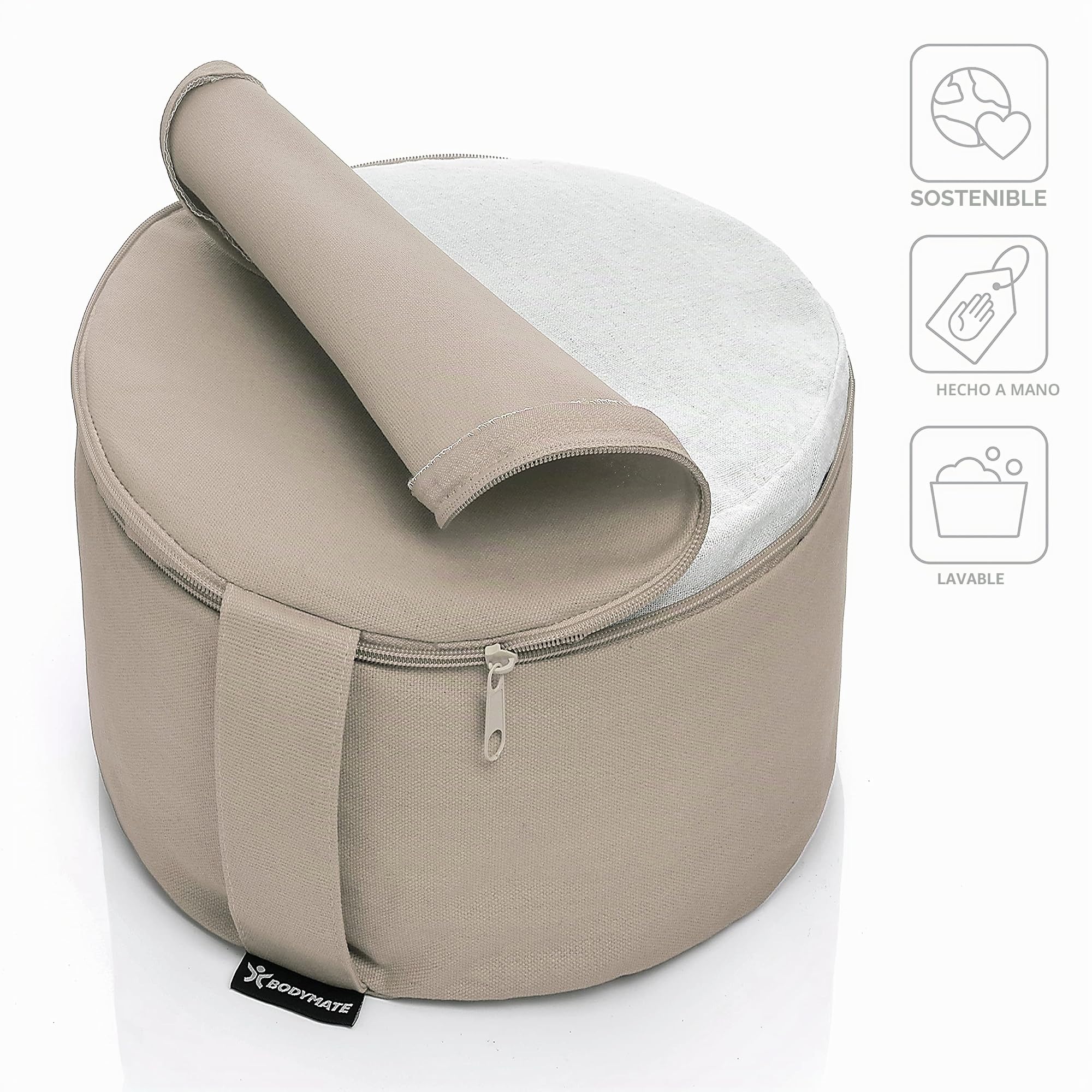 BODYMATE Cojín de yoga extra alto, redondo, 31 cm de diámetro, 20 cm de alto, relleno de piel de trigo sarraceno, funda lavable a máquina de 100% algodón extragrueso, cojín de meditación, cojín de