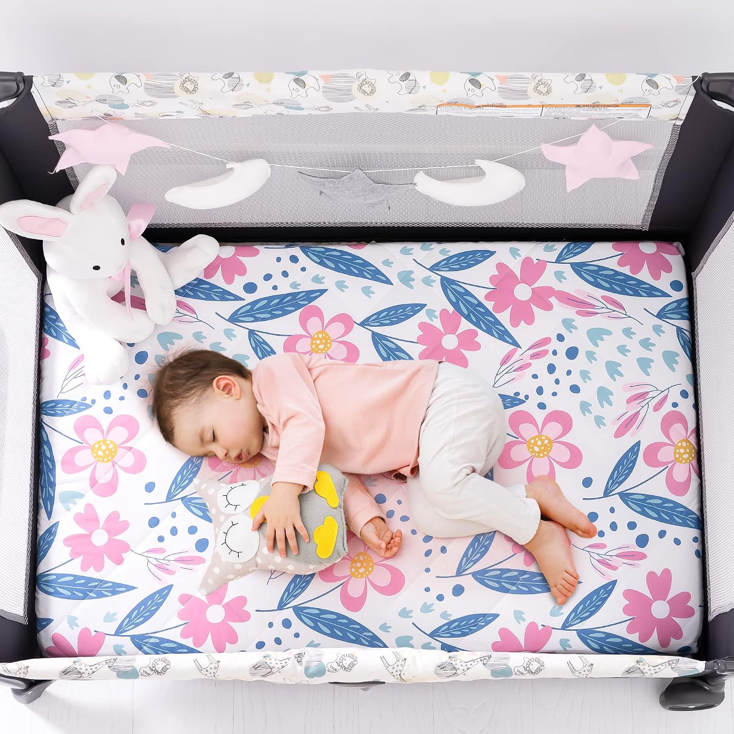 TILLYOU Cloudy Soft Pack and Play Sheet Quilted, Breathable Thick Play Yard Playpen Sheets for Girls, 39"x27"x5" Fit Mini/Portable Crib Mattress Pad Pack N Play Mattress Pad, Floral