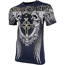 Xtreme Couture by Affliction Men's T-Shirt Silent Scream, Navy Blue, Gothic Wing Skull Design Short Sleeve