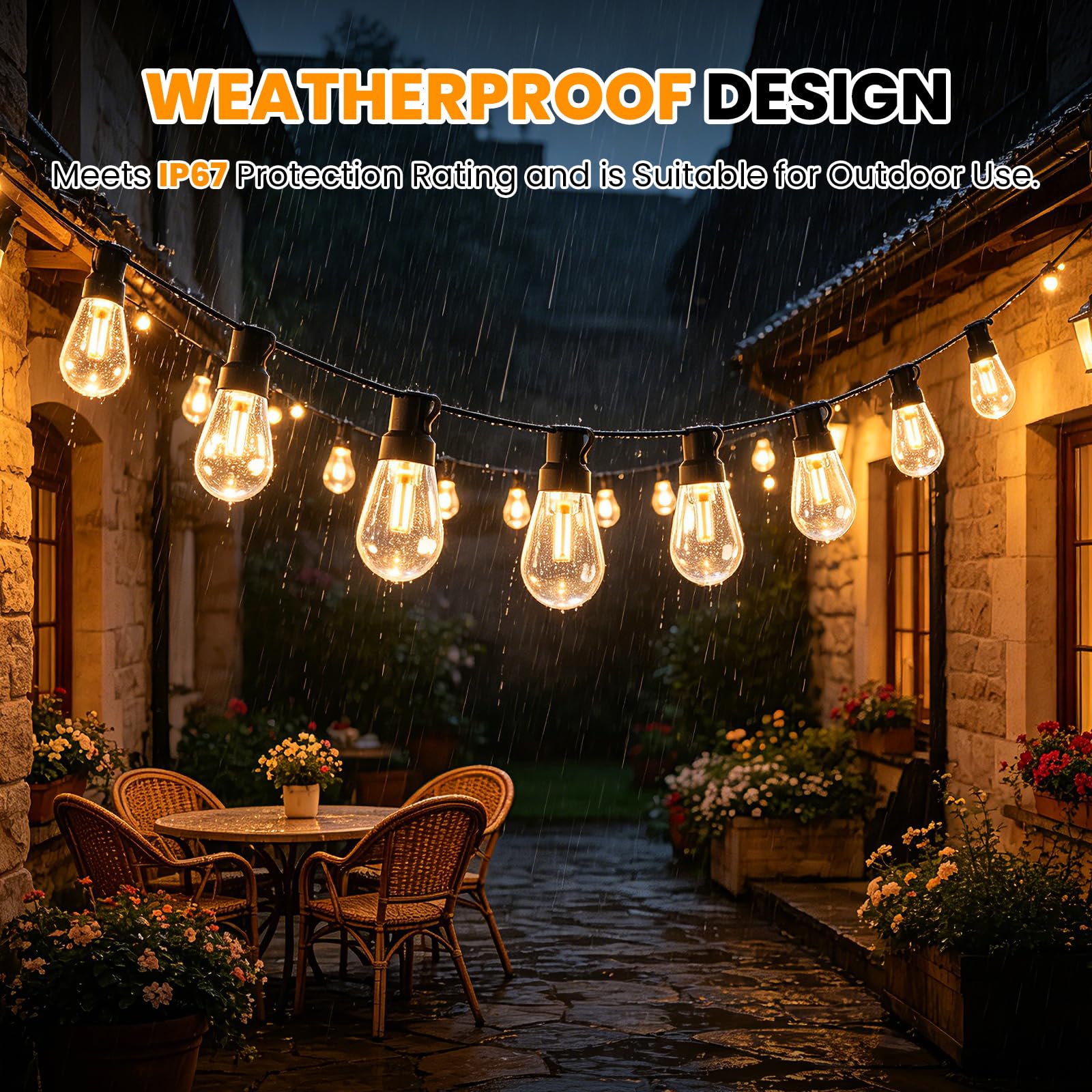 24V Tira LED para exteriores [50 LEDs/60M, blanco cálido], luz de jardín impermeable IP67, tira de bombilla esférica PC irrompible con gancho en S, decoración para hogar y jardín